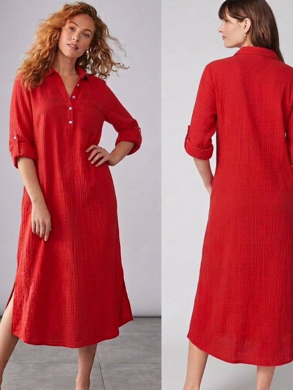 J.Jill Cotton Gauze One Pocket Midi Shirtdress Size M in Red